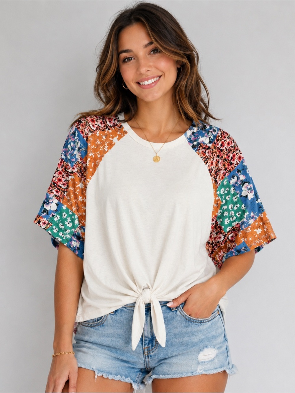 CY Fashion Blouse 2X Plus White Boho Patchwork Floral Flutter Sleeve Tie Knot 2X